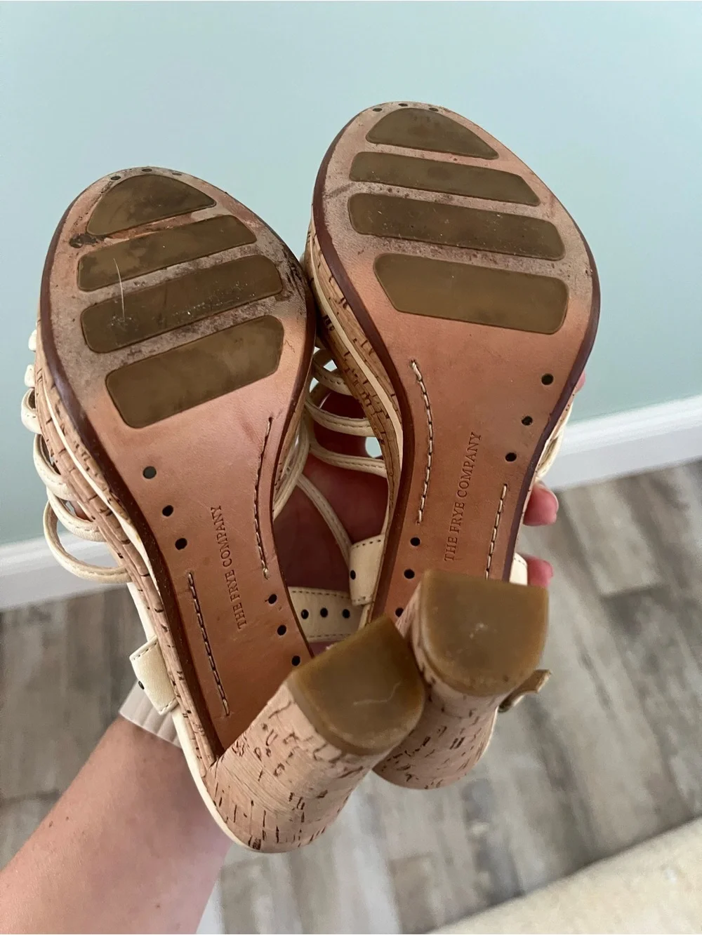 Frye Beige Strappy Cork Wedge Sandals Size 6.5